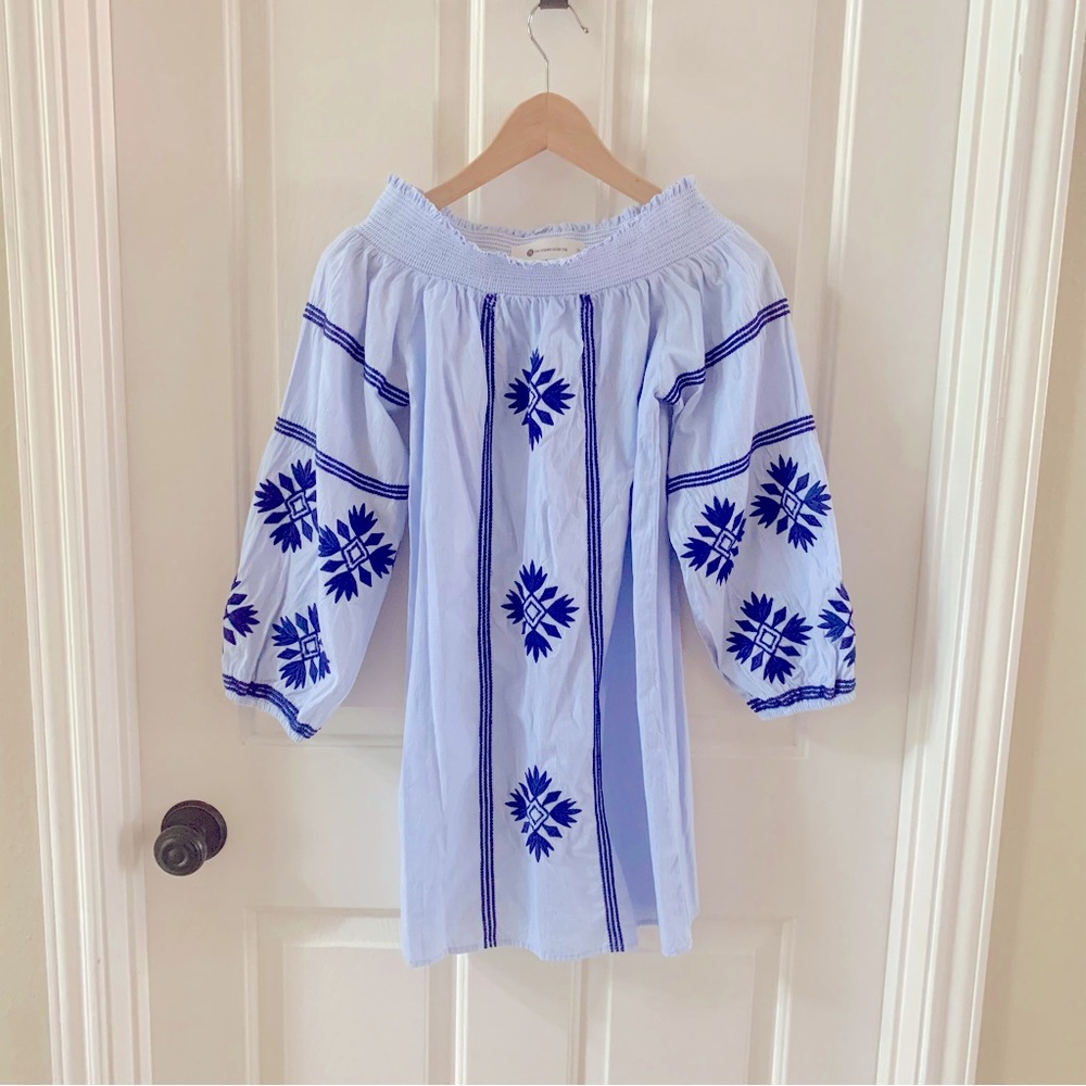 The Impeccable Pig Blue Off the Shoulder Embroidered Preppy, Southern